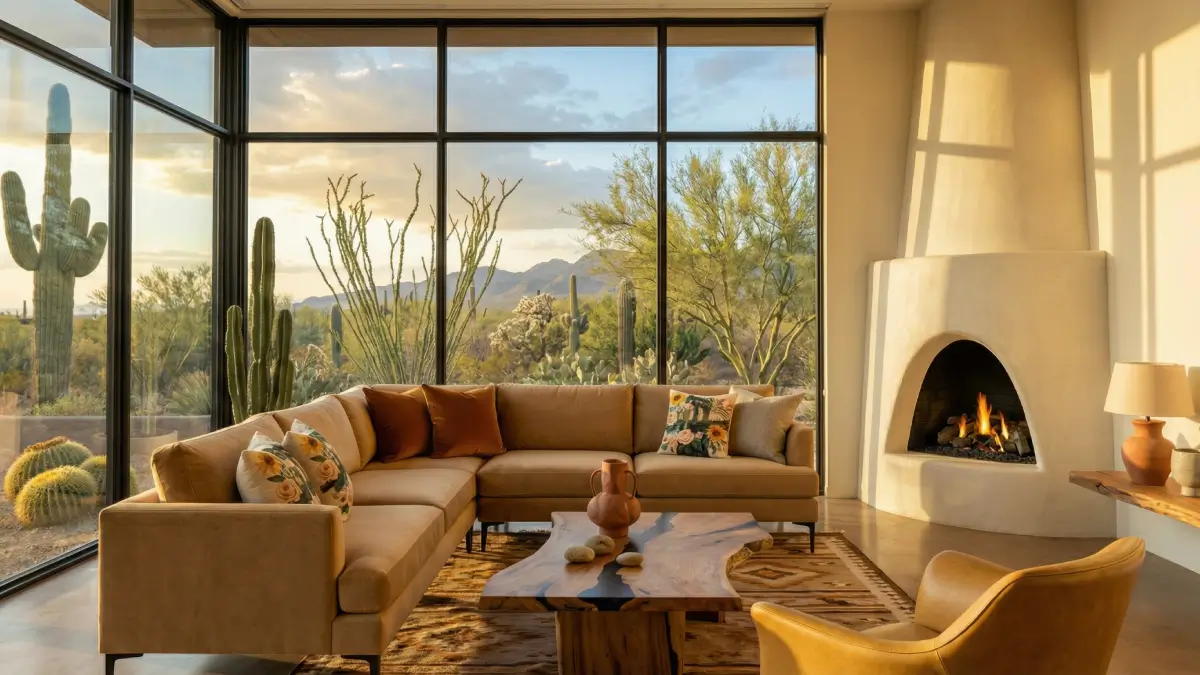 Breathtaking Camel Velvet L-Sectional styled with Brooklyn Bridge Floral Throw Pillows (golden amber and terracotta) and Burnt Orange Velvet accents, facing a Sculptural Plaster Fireplace and massive windows framing a Desert Landscape.