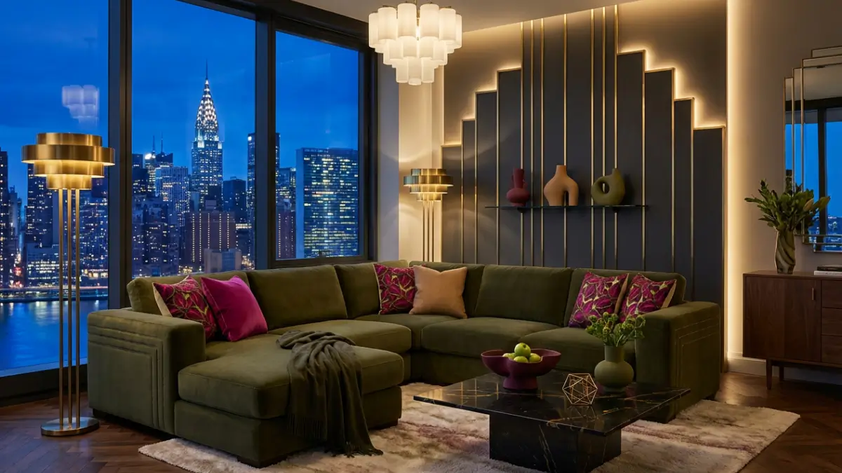 Ultra-luxury Deep Olive velvet sectional sofa styled with Begonia Rex floral and Camel velvet pillows in a dramatic Art Deco Manhattan penthouse at night.