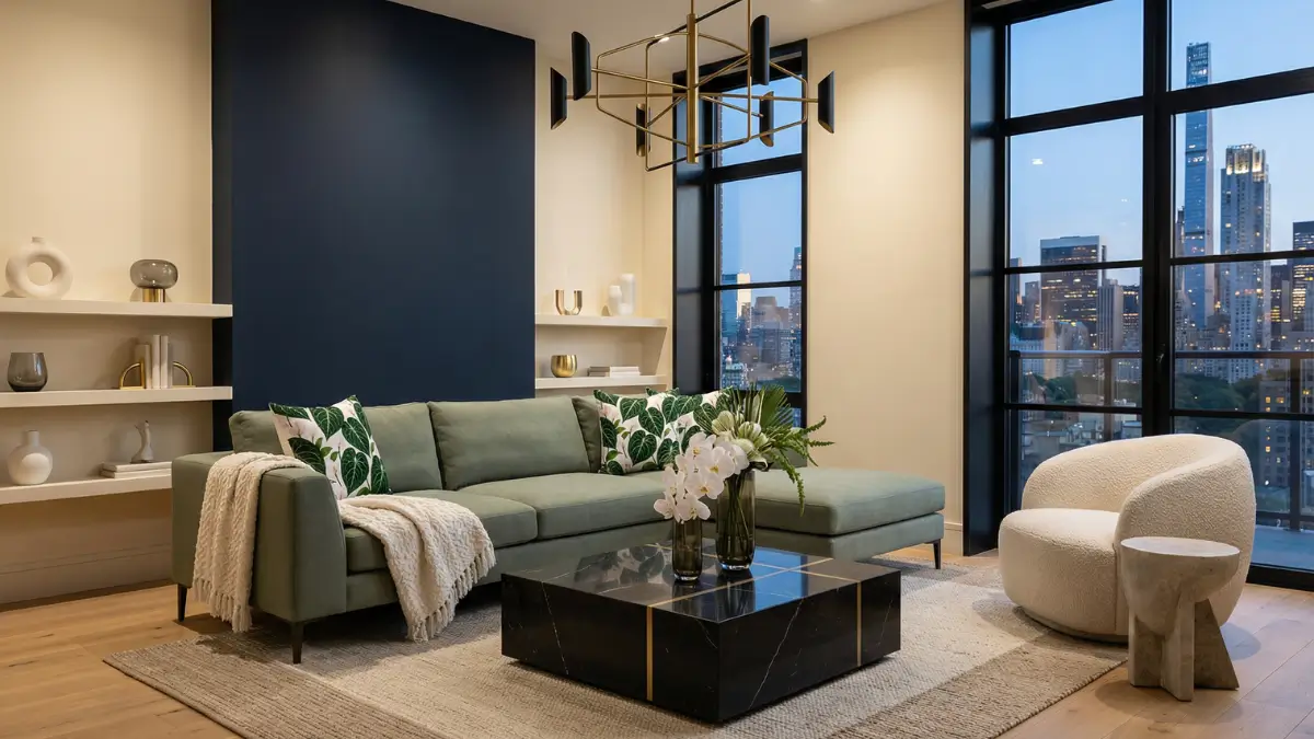 Ultra-realistic architectural modern luxury living room in NYC featuring a sage-colored L-shaped sofa styled with three anthurium crystallinum modern floral pillows, set against a matte midnight blue feature wall and dusk city views.
