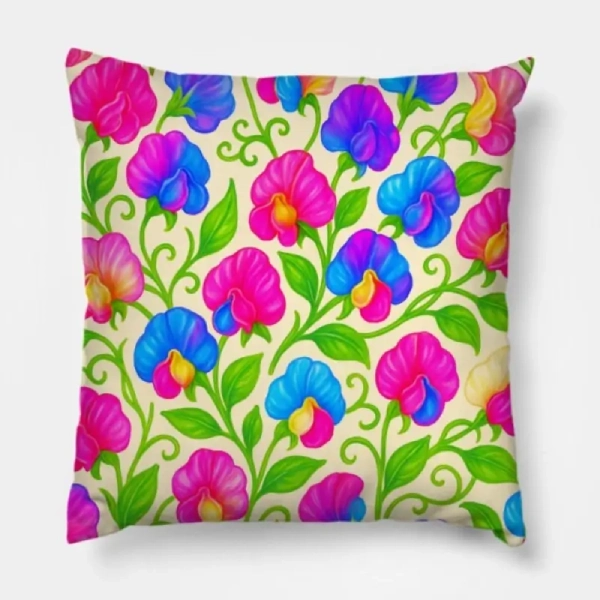 Sweet Pea Watercolor Gouache Floral Pattern Throw Pillow